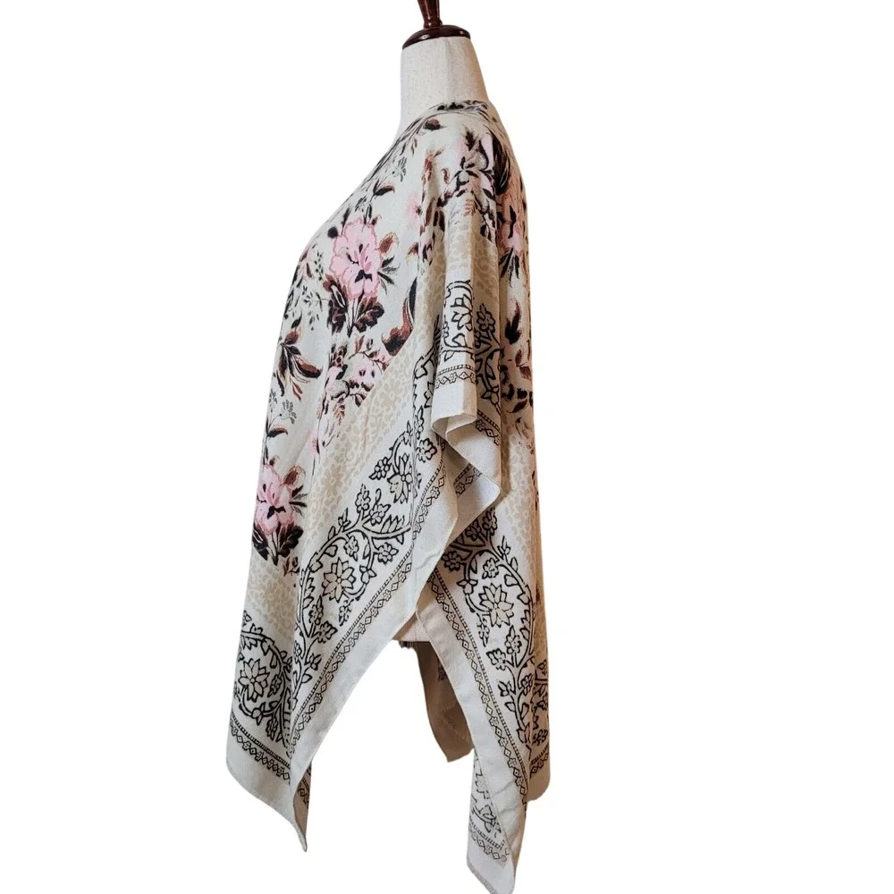Nine West Rayon shawl Wrap Pink Floral womens OS Boho fringe dressy Casual Scarf